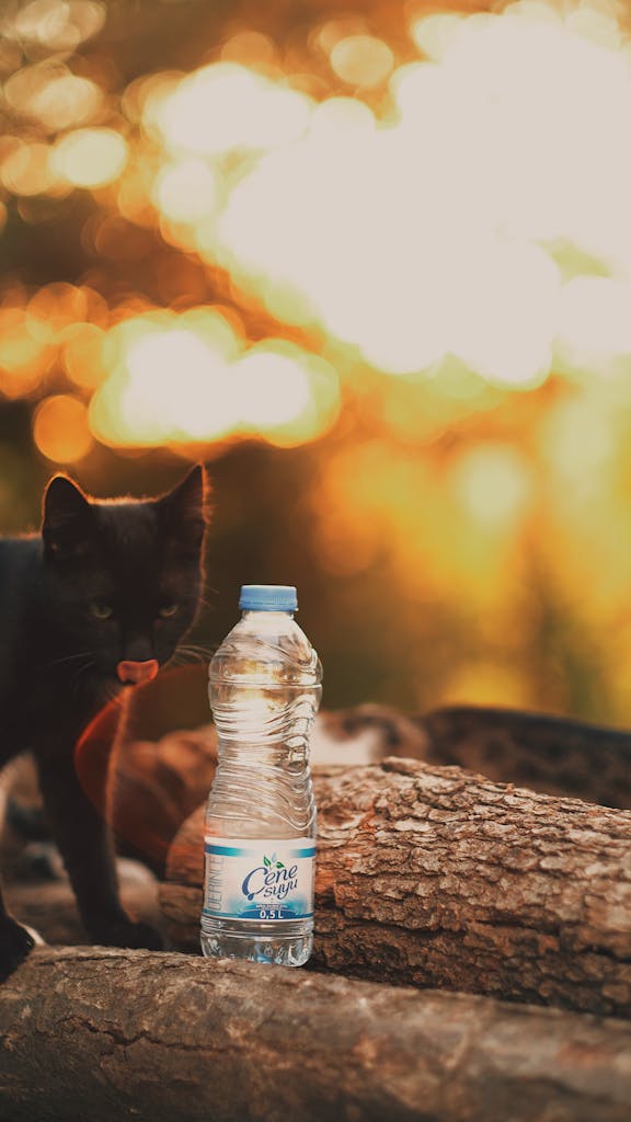 Black cat next to a water bottle on tree bark in a sunlit park, evening glow.